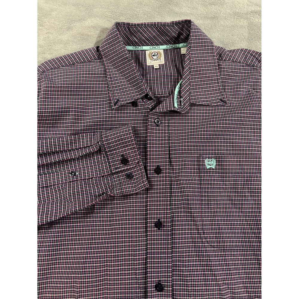 Cinch Mens XL Western Button Down Shirt Long Sleeve Navy Pink Micro Check Cotton